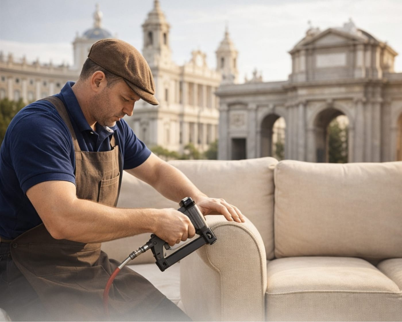 Tapicero profesional trabajando en el tapizado de un sofá en Madrid
